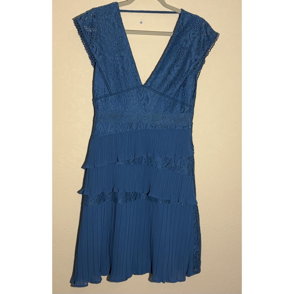 Foxiedox Blue‎ Lace Dress Sleeveless Tiered Pleated Mini Party Cocktail Medium